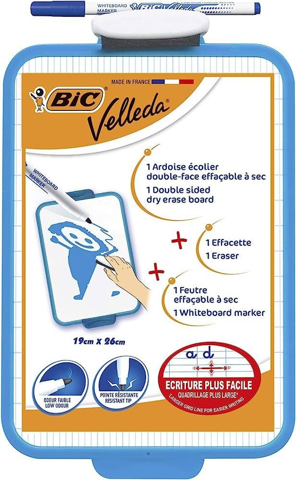 BIC Velleda Ardoise Ecolier Double Face (19 x 26 cm) Effaçable à Sec avec Feutre Bleu Effaçable à Se